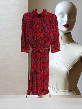 Vintage Leslie Belle Red Paisley Print 3/4 Sleeve Midi Dress